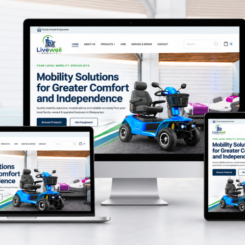 Livewell Mobility website showcased on desktop, laptop, tablet and mobile