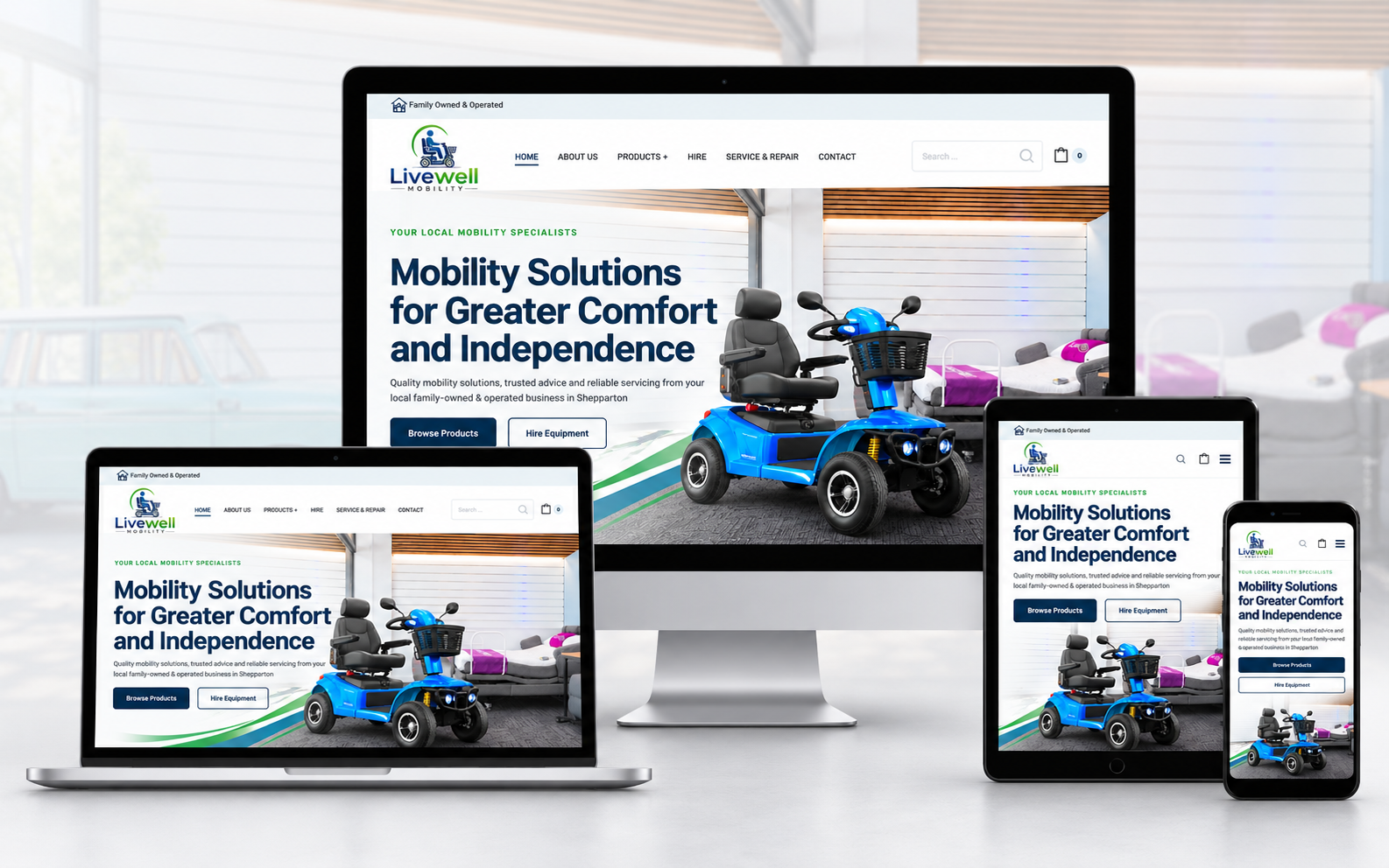 Livewell Mobility website showcased on desktop, laptop, tablet and mobile